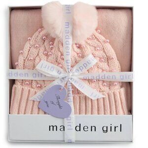 Juniors' madden girl Soft Scarf & Cable Knit Beanie Hat Boxed Set Blush Pink NEW